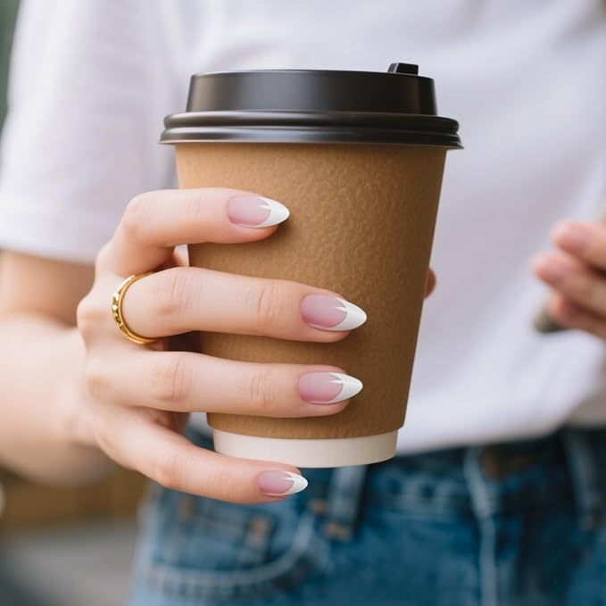 Press On Nails Almond White French Tip Nails wtih Glue & Glue Remover Short Nail Tips, Stick On Nails Kit in 15 Sizes, Glossy Natural Fit Reusable for Busy Mom