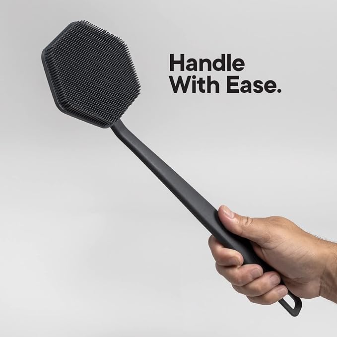 TOOLETRIES Silicone Back Scrubber - Exfoliating Shower Brush, Back Washer for Men, Durable Back Brush with Long Handle - Long Lasting Bath & Shower Accessories - Charcoal