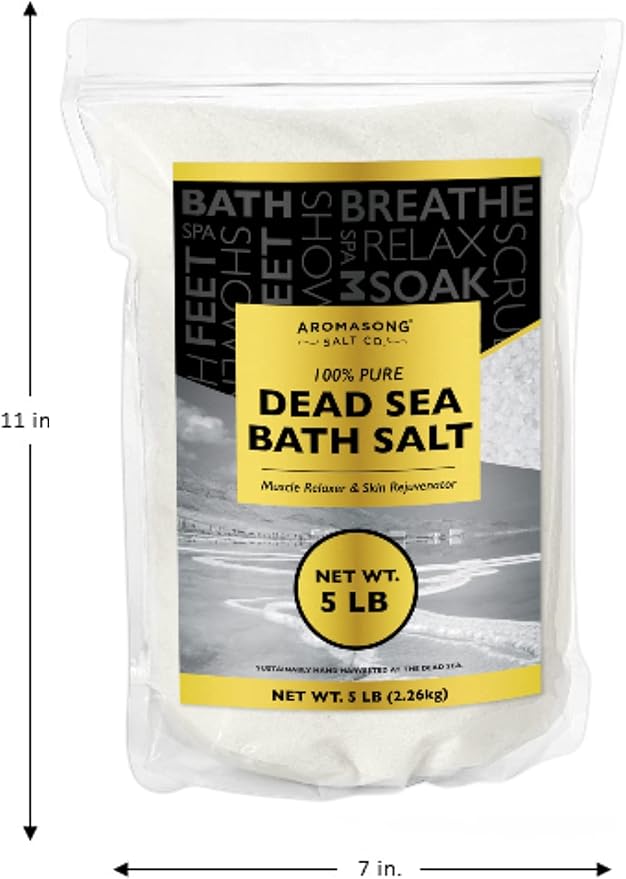 Aromasong Dead Sea Bath Salt - 100% Pure & Natural Dead Sea Salts for Soaking Fine Grain 5 LB - Bulk Resealable Pack (Packaging May Vary) Used for Body wash Scrub - Soak for Women & Men.
