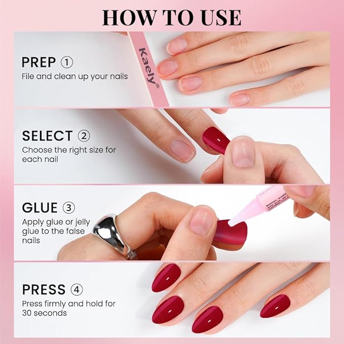 evpct Glossy Press on Nails Short Almond Short for Women, Dark Red Fake Nail with Glue Salon Quality Reusable Stick on Nails In 15 Sizes 30Pcs Full Cover False Nail Soft Gel Set Kit for Gift, 27
