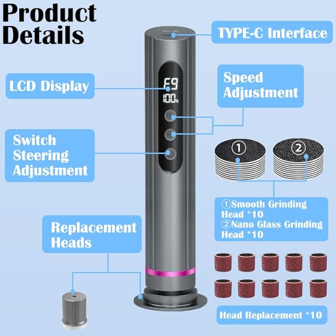 Ideal Swan 2 in 1 Electric Feet Callus Remove, Professional Speed Foot File Pedicure Tools, Gray 9 Adjustable Speeds Electric Foot Callus Remover for Cracked, or Tough Skin and Calluses(Gray)