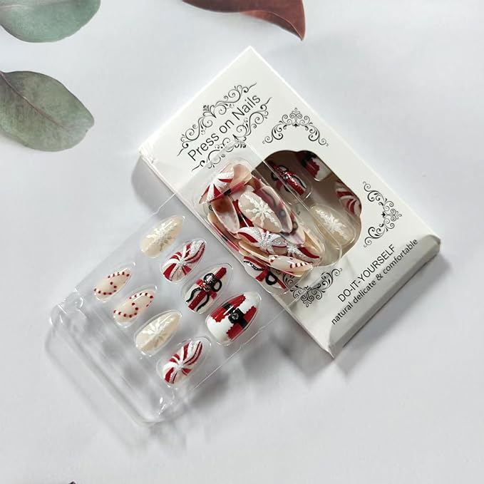 30Pcs Christmas Press on Nails Almond Fake Nails with Santa Claus Gift Designs Snowflake Candy Cane False Nails Red White Stripes Artificial Glue on Nail Holiday Stick on Nail for Women
