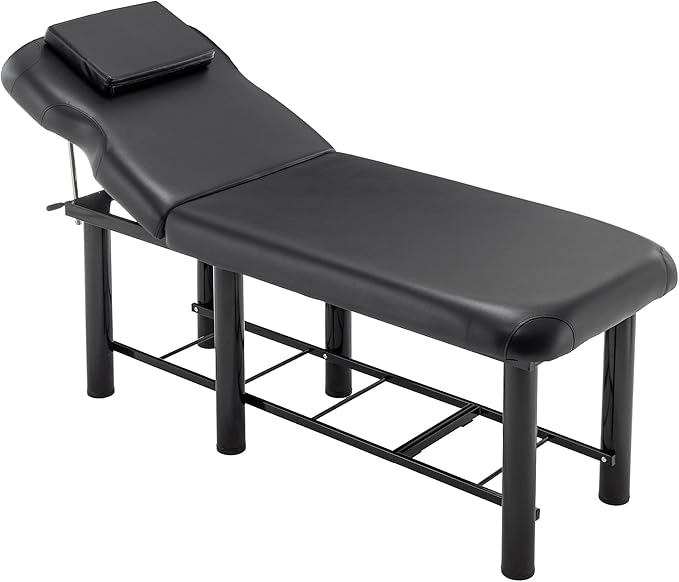 Professional Massage Table with Backrest, Faux Leather Stationary Physical Therapy Table, Metal Frame Barber Beauty Equipment, Removable Headrest Treatment Table Salon Spa Bed, Black