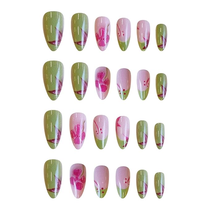 24Pcs Flower Press on Nails Short Almond Fake Nails Spring Summer Floral Designs Stick on Nail Green French Tip False Nails Cute Glue on Nails Glossy Full Cover Artificial Acrylic Nail for Women