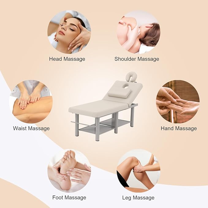 Heavy Duty Wide Stationary Massage Table Metal Frame PU Leather Spa Facial Professional Adjustable Massage Bed with Open-Chest & Headrest for Treatment Physical Therapy Tatoo Salon Equipment (Gray)