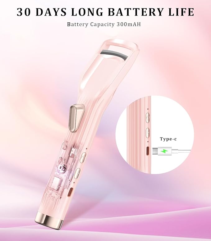 Heated Eyelash Curler Premium PRO - Fast Heat up in 8s - 24 Hours Long Lasting - Rechargeable Electric Eyelash Curler with Type-C, Innovative L Silicone, 2 Heat Modes, Anti-Burn Eyelid, Pink-DB