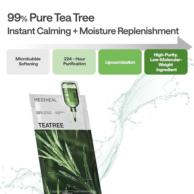 Mediheal Teatree Essential Sheet Mask Calming Moisture 10 pcs. 99% Pure Teatree & Teatree 7X for intensive soothing and hydration. Suitable for acne-prone skin. Vegan formula