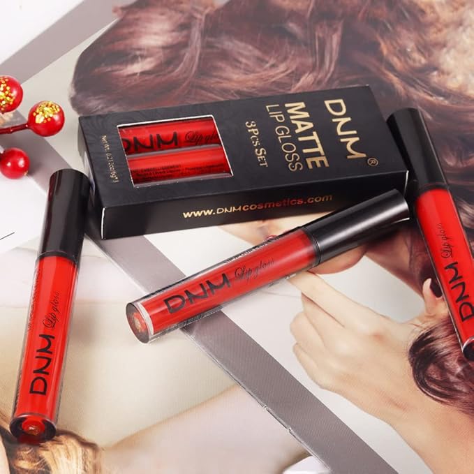 AMY'S DIARY 3Pcs Bright Red Matte Liquid Lipstick Sets, Lip Stain Long Lasting 24 Waterproof Lip Gloss Gift Set Matt Makeup for Women Lippies (05)