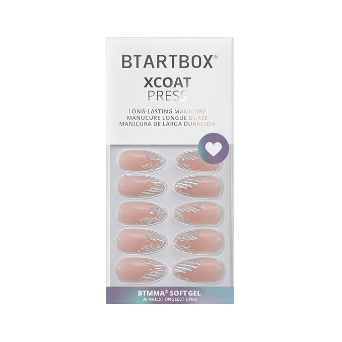 BTArtbox French Tip Press On Nails - Lamp-Curable 3D Sculpting Medium Almond Press On Nails with Glue for Women, Semi-Transparent Soft Gel Glue On Nails in 15 Sizes - 30 Stick On Nails Kit, Starlet