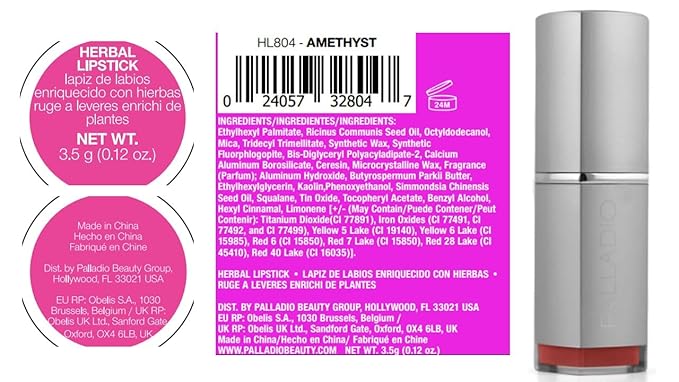 Palladio Herbal Lipstick, Rich Pigmented and Creamy, Infused with Aloe Vera, Chamomile & Ginseng, Prevents Lips from Drying, Combats Fine Lines, Long Lasting Lipstick, Amethyst