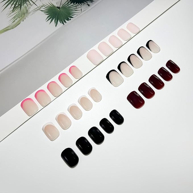 6 Packs (144 Pcs) French Tip Press on Nails - Jsiallye Wine Red/Black/Milky White Solid Color Short Square Press on Nails, Glue on with Nail in 12 Sizes - 24 Fake Nails Kit, Stick on Nails for Women