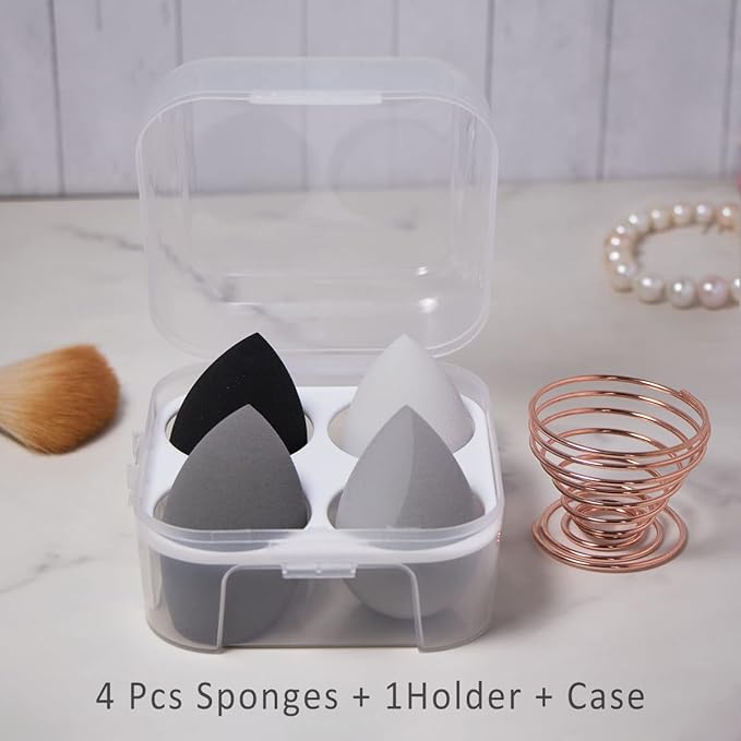 5 Pcs Makeup Sponges Set - 4 Beauty sponges Blending Blenders with 1 Holder and Egg Case, Flawless for Cream, Powder and Liquid (Black)