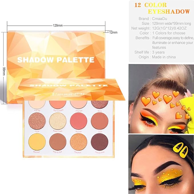 Glitter Matte Orange Yellow Eyeshadow Palette, 12 Colors Shimmer High Pigmented Eyeshadow Makeup Palette Lasting Waterproof Brown Eyeshadow Palette for Girl Women