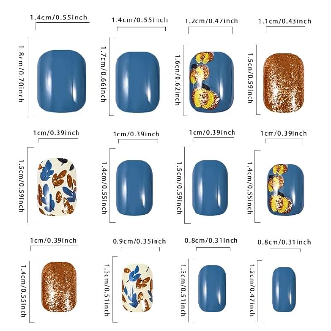 24pcs Short Square Fall Press on Nails Gold Pumpkin Fake Nail Autumn Leaves False Nails with Designs Blue Pure Color Gold Glitter Acrylic Glue on Nails for Women Thanksgiving & Autumn Nail Art