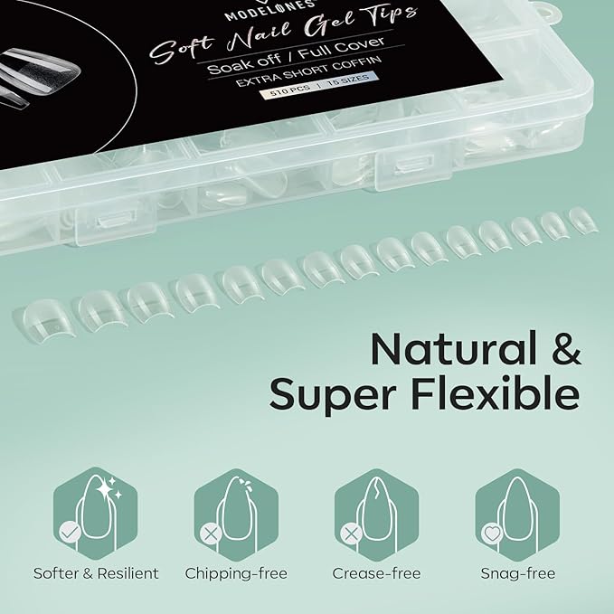 Modelones Extra Short Coffin Fake Nail Tips - 510Pcs Gel Tips Pre-shaped Half Matte Full Cover Clear Acrylic Gel Kit False Press on Nails for Extension DIY Salon 15Sizes
