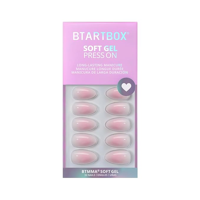 BTArtbox Press On Nails Short - Pink Ombre Almond Press On Nails with Glue for Women, Opaque Soft Gel Glue On Nails in 16 Sizes - 32 Stick On Nails Kit, Love Letter