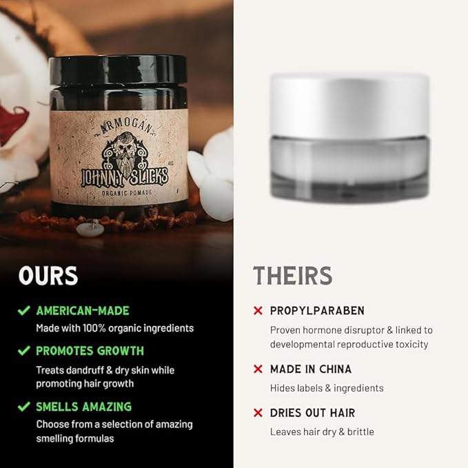 Johnny Slicks Oil Based Pomade | Organic Hair Styling for Men, Low to Medium Hold | Promotes Healthy Hair Growth & Helps Hydrate Dry Skin, (Original, 4 Ounce) Veteran Owned, USA Made.