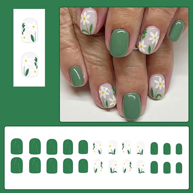 24Pcs Green Press on Nails Short Square Shape White Flower Fake Nails with Designs Reusable Spring Acrylic Nails Press On Solid Color Artificial Nails Cute Floral Stick on Nails for Women Nail Kit