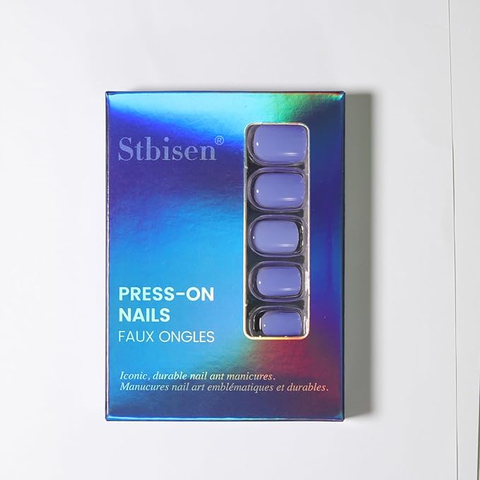 evpct Blue Glossy Press on Nails Short Square, Glossy Blue Fake Nails Summer Reusable, Acrylic False Nail Stick Glue on Press ons for Women Gifts, Perfectly Fit Durable False Nail Kit with Glue 30Pcs