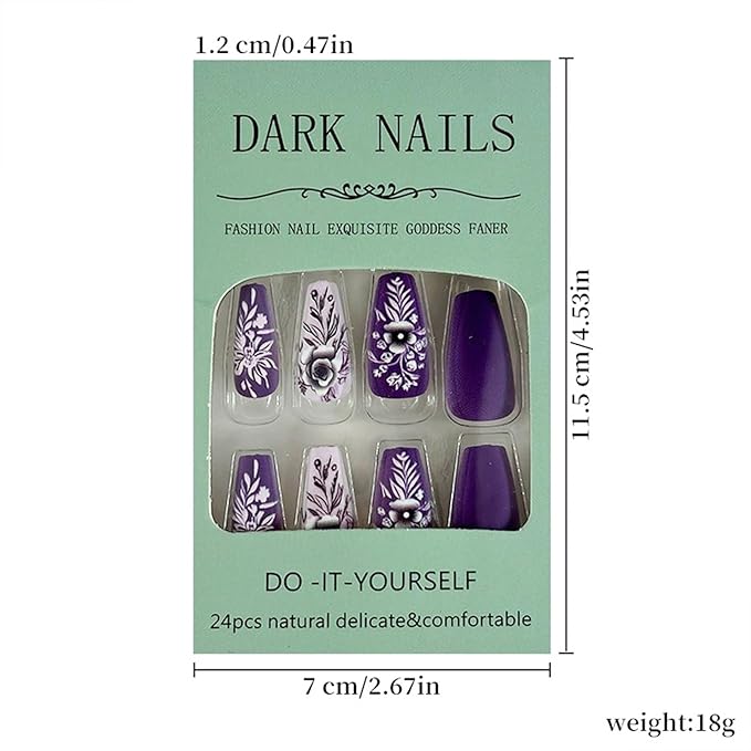 Purple Press on Nails Short Coffin Fake Nails 3D Flower Acrylic Nails Floral Leaf False Nails Matte Stick on Nails Square Artificial Nails for Women Girls Manicure 24Pcs