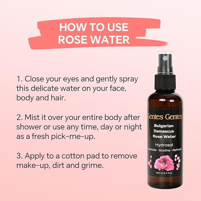 100% Pure Bulgarian Damascus Rose Water Hydrosol – Luxury Facial Toner for Hydration & Radiant Skin, Body Mist & Pillow Spray | Natural Skincare | 3.4 fl oz