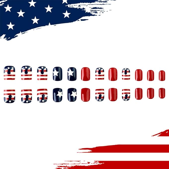 24Pcs Independence Day Press on Nails Short 4th of July Fake Nails American Flag Design Patriotic Glue on Nails Artificial Star False Nails Square Acrylic Nails Holiday Stick on Nails for Women Girls
