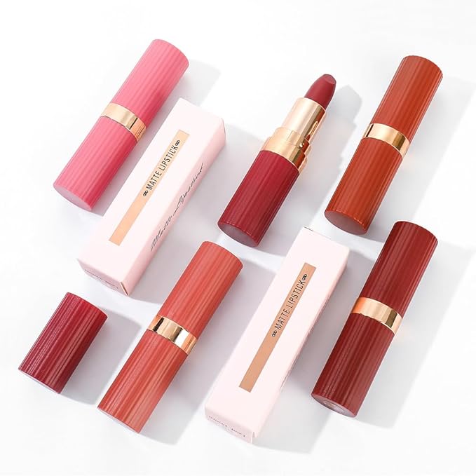 3Pcs Nude Rose Bright Red Warm Brown Lip Stick,Matte Cream Lipstick Set for Women,Long Lasting Waterproof Smudge Proof Velvet lipsticks Crayon,Lip Makeup Kit Travel Size,Vegan & Cruelty-free
