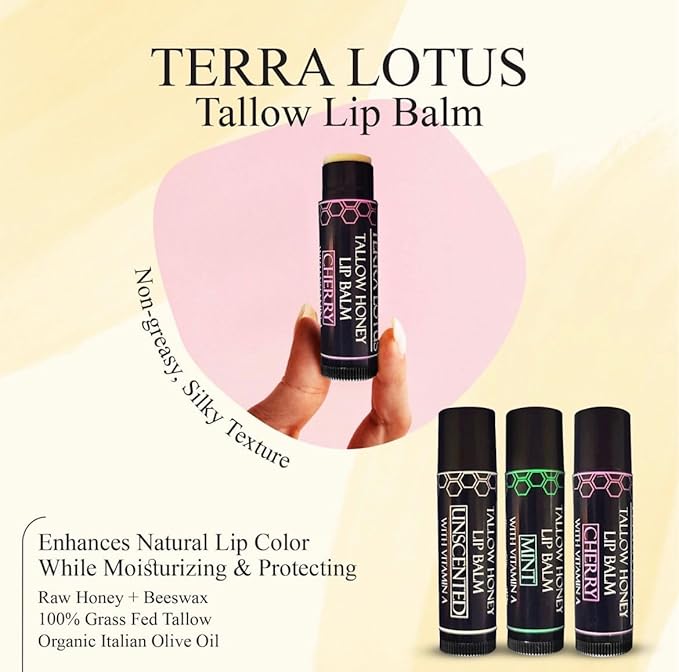Organic Tallow Lip Balm (5 Pack) - Hydrating With Organic Italian Olive Oil, Pure Grass Fed Tallow, and Beeswax - Long Lasting Lip Therapy (5 Pack, Cherry)
