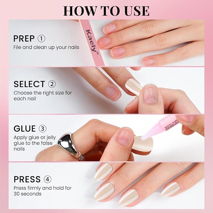 Press on Nails Short Almond - Nude Chrome Glazed Glossy Press on Nail Tips Glue On Nails with Nail Glue for Gift, Reusable Stick On Nails in 15 Sizes - 30 Full Cover Acrylic Soft Gel Fake Nails Kit