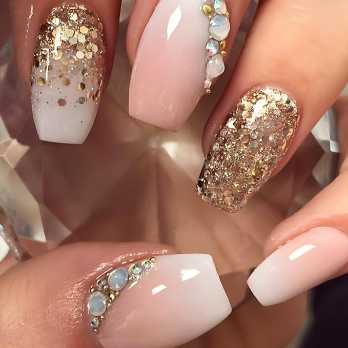 Press on Nails Short Coffin Fake Nails Gold Glitter Acrylic Nails Pink Ombre Gradation False Nails with Designs Rhinestone Glue on Nails Full Cover Stick on Nails for Women Girls 24Pcs