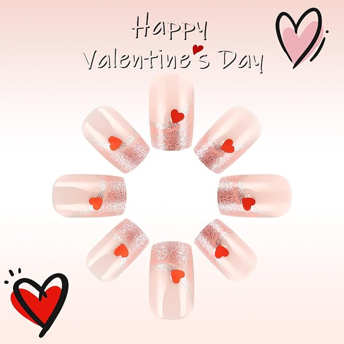 24Pcs Heart Press on Nails Medium Square Fake Nails Pink French Tip Glue on Nails Valentines Press ons Pink Stick on Nails Valentines Artificial False Nails for Women DIY Acrylic Nails Charms