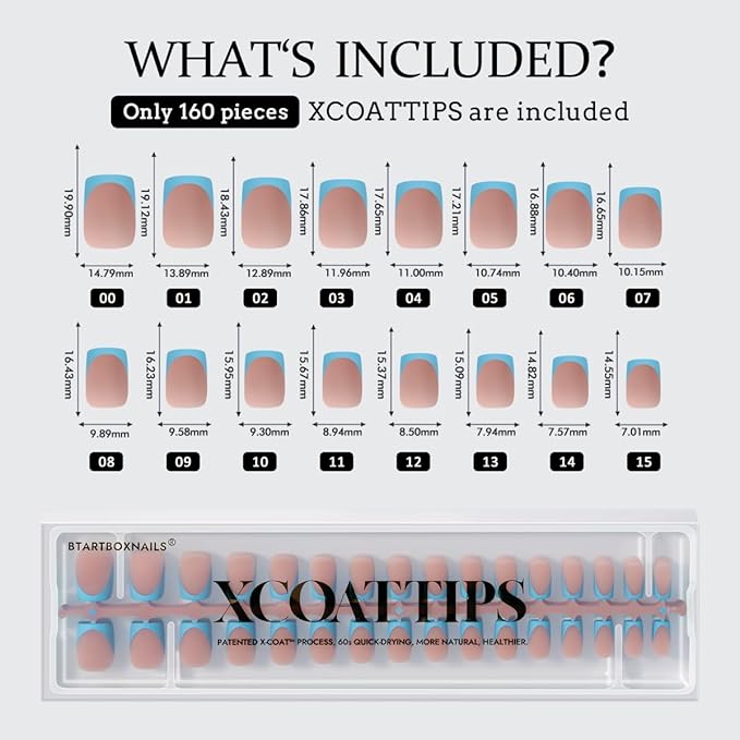 BTArtboxnails XCOATTIPS French Tip Press On Nails - Blue Press On Nails Short, Square Fake Nail Tips, 160Pcs Soak Off Soft Gel Acrylic Brown Nail Extension in 16 Sizes