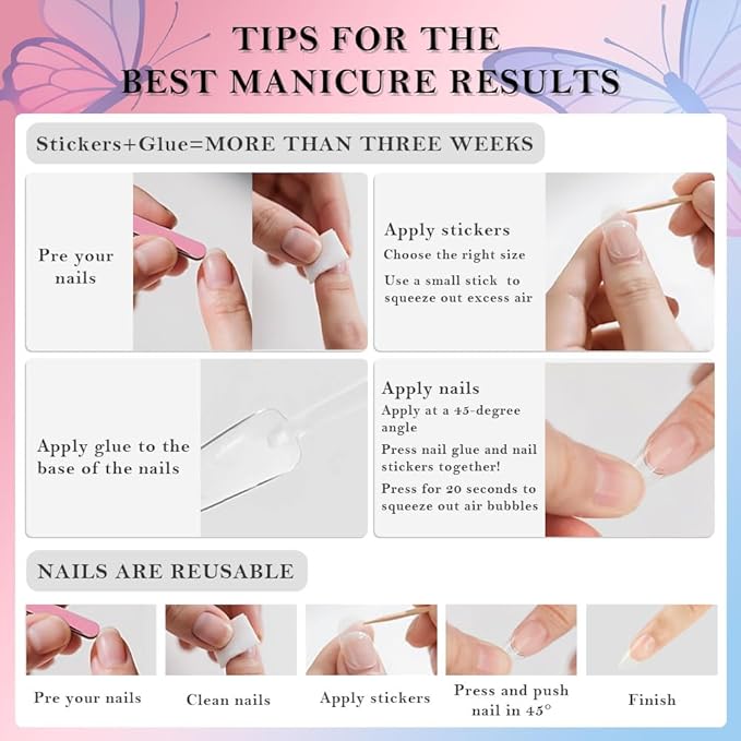 Handmade 3D Flower Butterfly Blue Pink Press On Nails Almond Medium, Cute Nails Press On Floral Pearl Designer Reusable Acrylic Fake Nails With Cute Charms Glue On Nails, Nails For Women