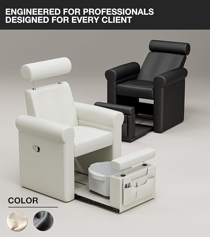 Icoget Professional Pedicure Chair No Plumbing, Reclining Pedicure Station Pipeless with Retractable Base and Adjustable Legrest Used in Salons, Home, Waterproof Foot Spa Chairs, White