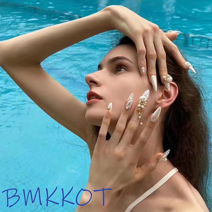 24Pcs 3D Flower Press on Nails Medium Almond Fake Nails Beach French Tip False Nails with Design Full Cover Starfish Artificial Glue on Nails Spring Summer Acrylic Nails Embossed Flower Stick on Nails