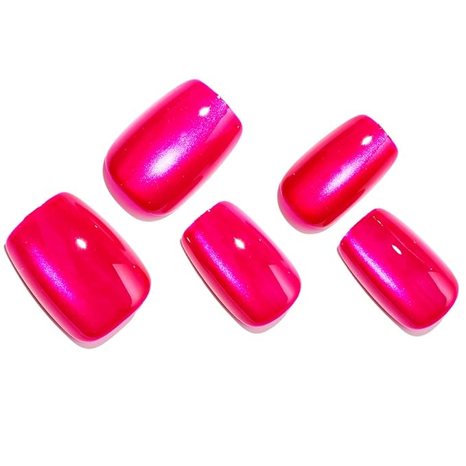 GLAMERMAID Hot Pink Press on Nails Extra Short Square, Handmade Magnet Cat Eyes Glitter Jelly Gel Fake Nail Kits, Magnetic Glue on Nail Reusable Acrylic False Nails Manicure Kits for Women