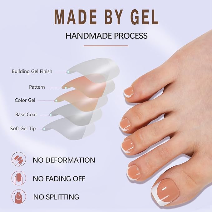 Misssix Press On Toe nails Short, 150Pcs Brown French Toe Nail Tips, Square Soft Gel Fake Toe Nail Tips Extensions for Women Nail Art DIY 15 Sizes