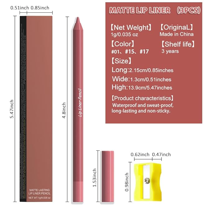 evpct 3Pcs Red Rose Deep Pink Vermilion Red Matte Long Lasting Wear Lip Liner Pencils Makeup Set for Shaping & Sculpting Lips, No Transfer Waterproof Lip Liner Crayon lipliners Lipstick Pencil 1+15+17