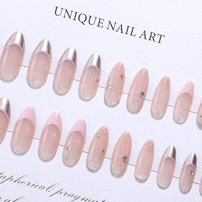 French Tip Press on Nails Medium Almond Fake Nails Bow Charms Full Cover Stick on Nails Nude Pink False Nails with Pearl Rhinestone Nail Tips Designs Acrylic Nails for Women Girls 30 Pcs