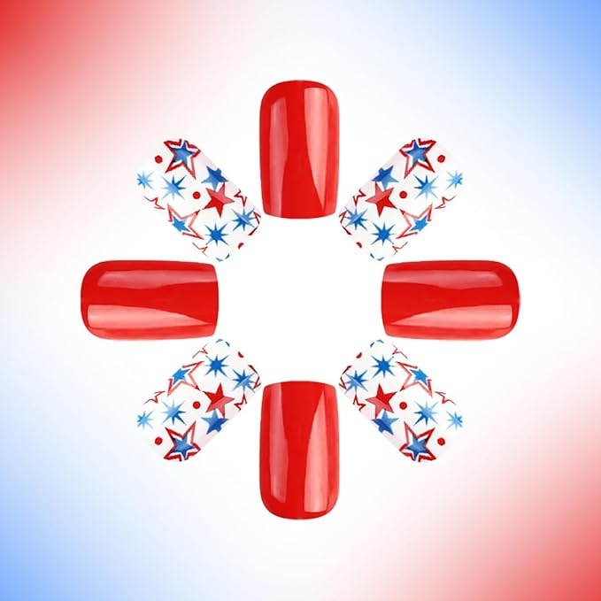 24Pcs Independence Day Press on Nails Medium Square Fake Nails 4th of July Glue on Nails American Design Patriotic False Nails Star Acrylic Nails Independence Day Artificial Stick on Nails for Women