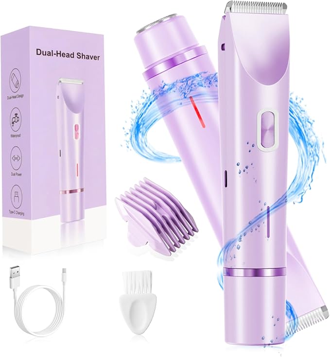 Electric Bikini Trimmer for Women, 2-in-1 Waterproof Hair Shaver and Epilator, IPX7 Wet/Dry Lady Shaver for Bikini, Legs, Underarms, Purple