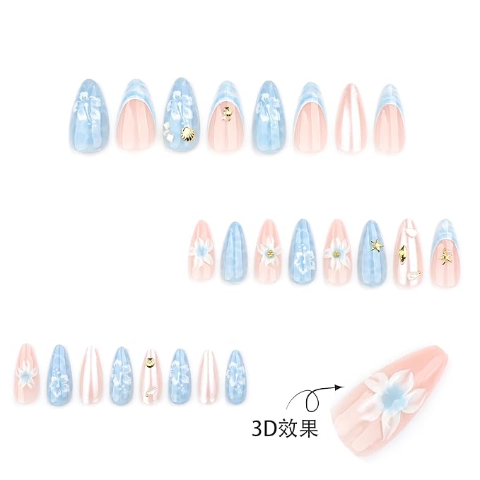 Almond Press on Nails Medium Fake Nails 3D Flower French Tip False Nails Stick on Nail Water Ripple Glossy Glue on Nails Gold Starfish Floral Full Cover Artificial Acrylic Nail for Women Kit 24PCS