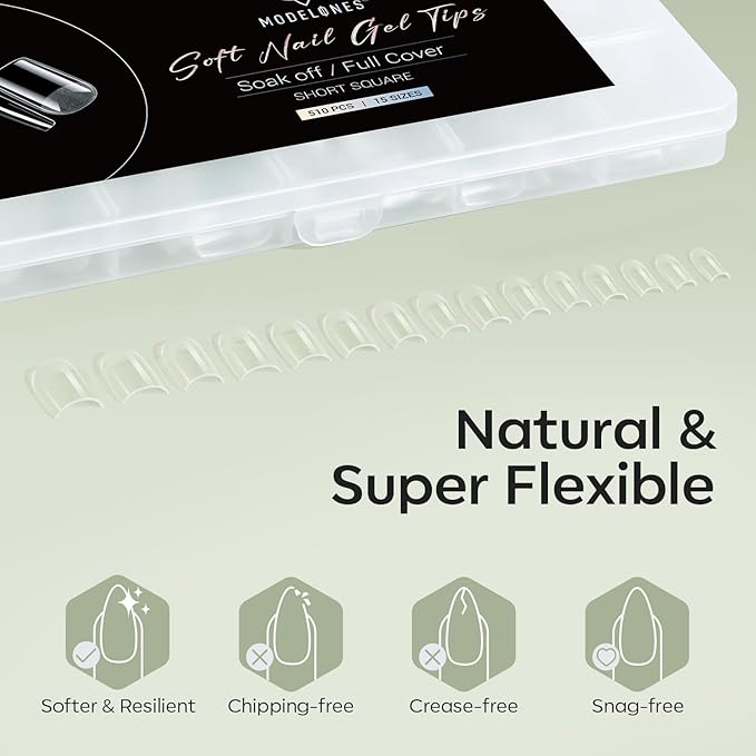 Modelones Short Square Fake Nail Tips - 510Pcs Gel Tips Pre-shaped Half Matte Full Cover Clear Acrylic Gel Kit False Press on Nails for Extension DIY Salon 15Sizes