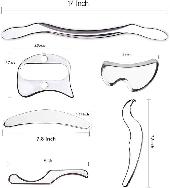 FeelFree Sport Stainless Steel Gua Sha Scraping Massage Tool Set of 7 Pieces for Soft Tissue Mobilization Physical Therapy(Silver)