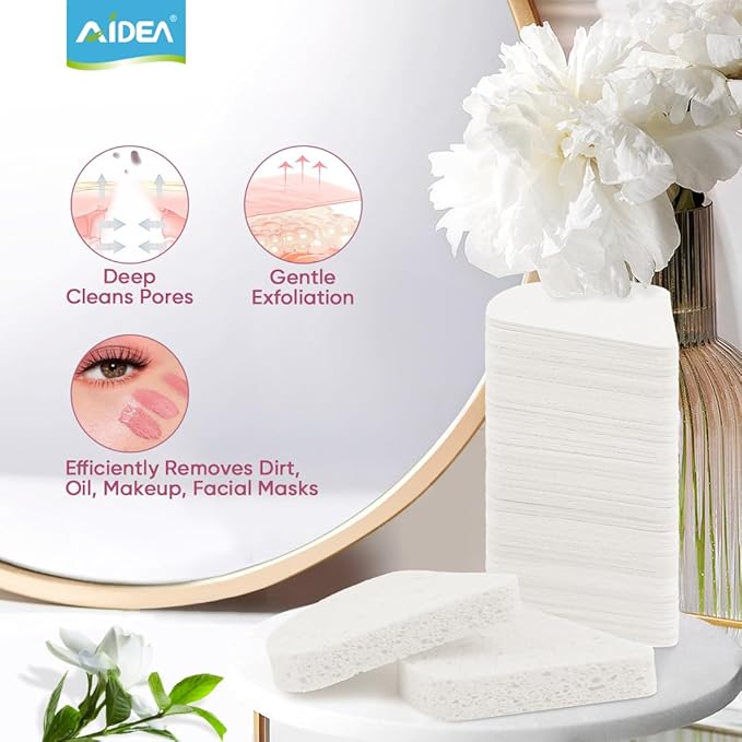 AIDEA 96Count Compressed Facial Sponges White, Reusable Makeup Remover Pads, Travel Essentials, Face Cleansing Pads, Natural Cellulose Cosmetic Spa Sponges for Facial Cleansing, Exfoliating Pads