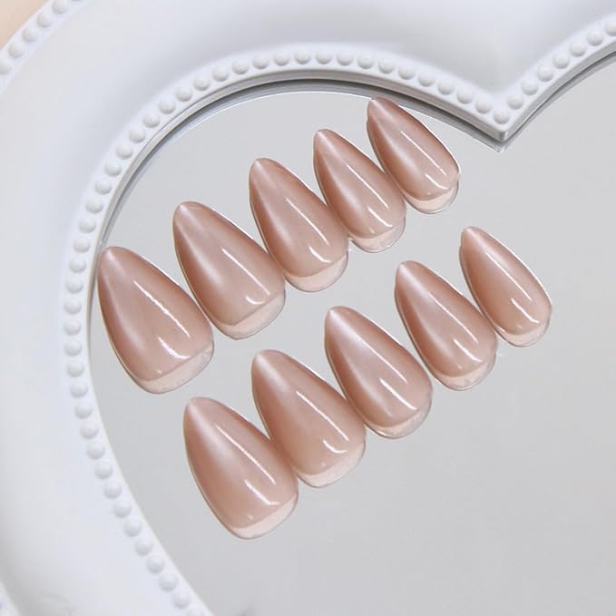 30Pcs Glitter Brown Fake Nails Short Press on Nails Almond False Nails Glossy Full Cover Stiletto Glue on Nail Nude Pink Acrylic Nails Reusable Fall Artificial Stick on Nail for Women Manicure