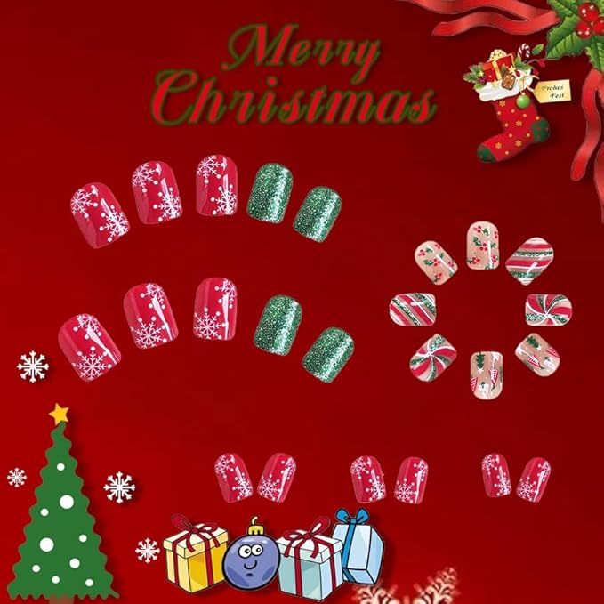 2 Packs 48Pcs Christmas Press on Nails Short Square Fake Christmas Hat Acrylic Candy Stripe Glitter Designs Glue on Kid Winter Xmas Stick on for Women Girls Decoration