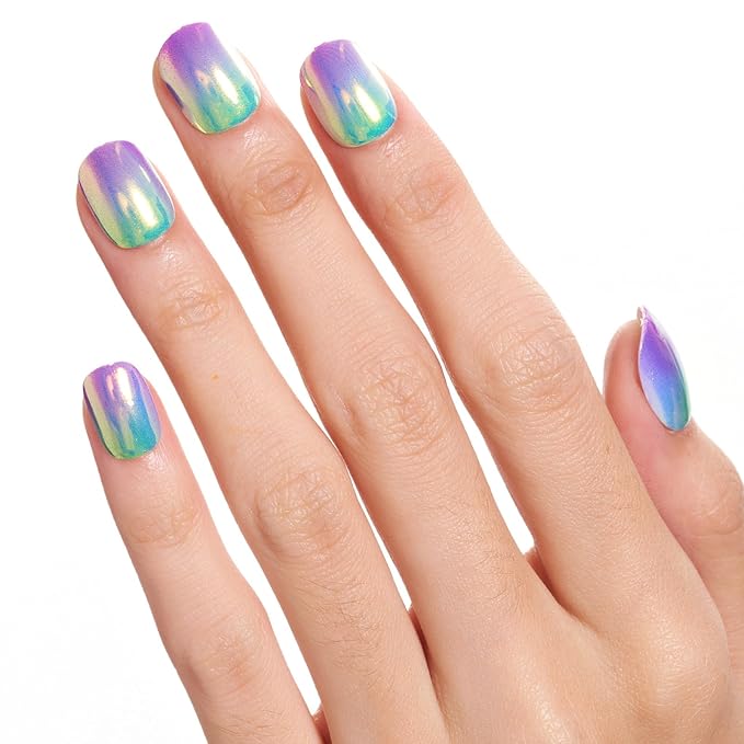 GLAMERMAID Extra Short Press on Nails 24PCS, Handmade Purple Green Ombre Chrome Fall Gel Glue on Nails, Glossy Round Reusable UV Finish Fake Nails Acrylic False Nails Manicure Kits for Women