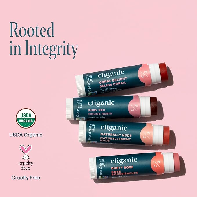Cliganic Tinted Lip Balm - Non-GMO, 4 Colors - Enriched with Vitamin E, Cruelty Free (Pack of 2)