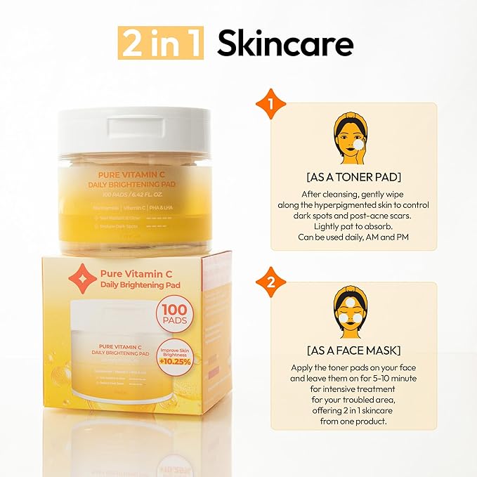 FreeGo Pure Vitamin C Daily Brightening Pad (100 Pads), K-Beauty Facial Toner Pads for Uneven Hyperpigmented Skin, Instant Brightening & Transparency